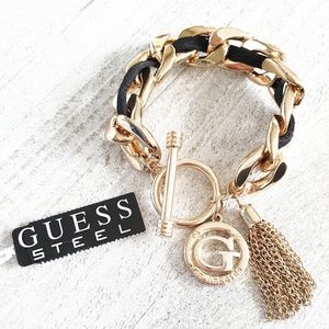 GUESS Steel Woven Cuban Link Charm Bracelet